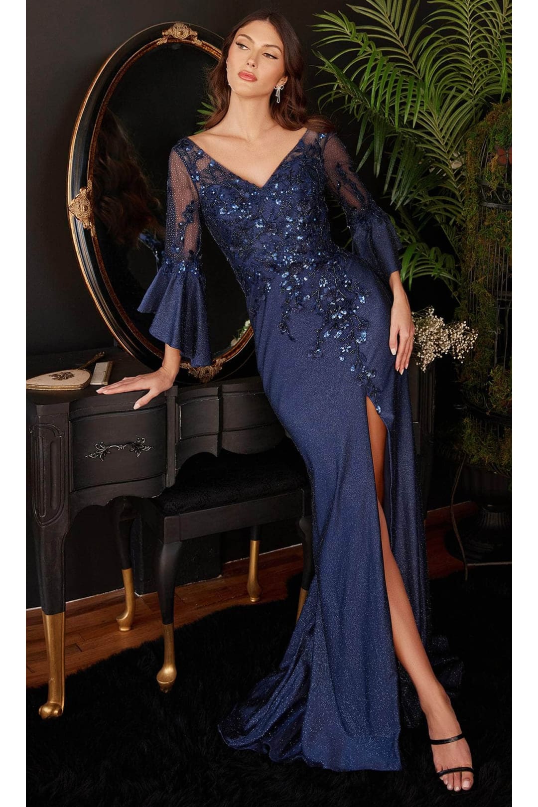 Ladivine 9247 – Glittered Evening Gown with Flutter Sleeves - Navy / XL - Prom