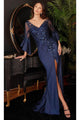 Ladivine 9247 – Glittered Evening Gown with Flutter Sleeves - Navy / XL - Prom
