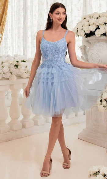 Ladivine 9310 - Embroidered A-Line Cocktail Dress - Blue / XXS - Prom