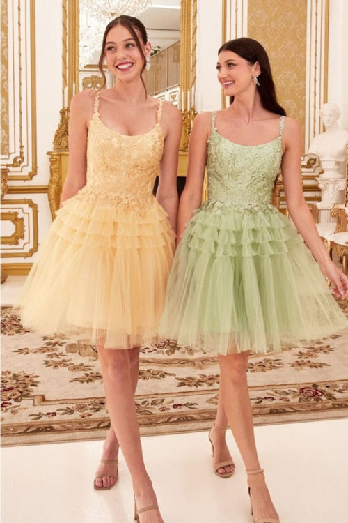 Ladivine 9310 Lace Applique Pleated Tulle Short Homecoming Dress