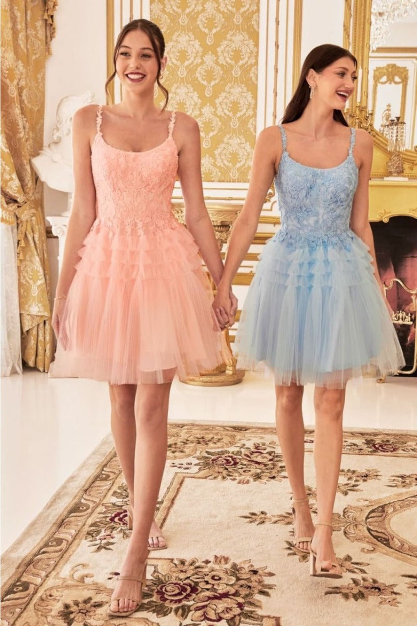 Ladivine 9310 Lace Applique Pleated Tulle Short Homecoming Dress
