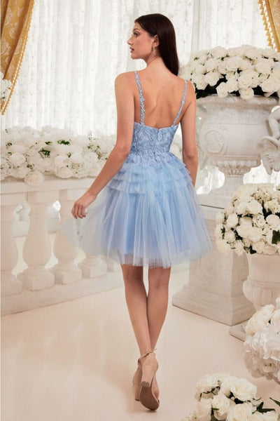 Ladivine 9310 Lace Applique Pleated Tulle Short Homecoming Dress