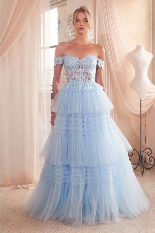 Ladivine 9315 Sweetheart Lace Floral Applique Tiered Tulle Ball Gown - LT BLUE / 2 Dress