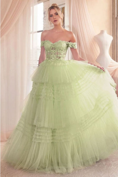 Ladivine 9315 Sweetheart Lace Floral Applique Tiered Tulle Ball Gown - SAGE / 2 Dress