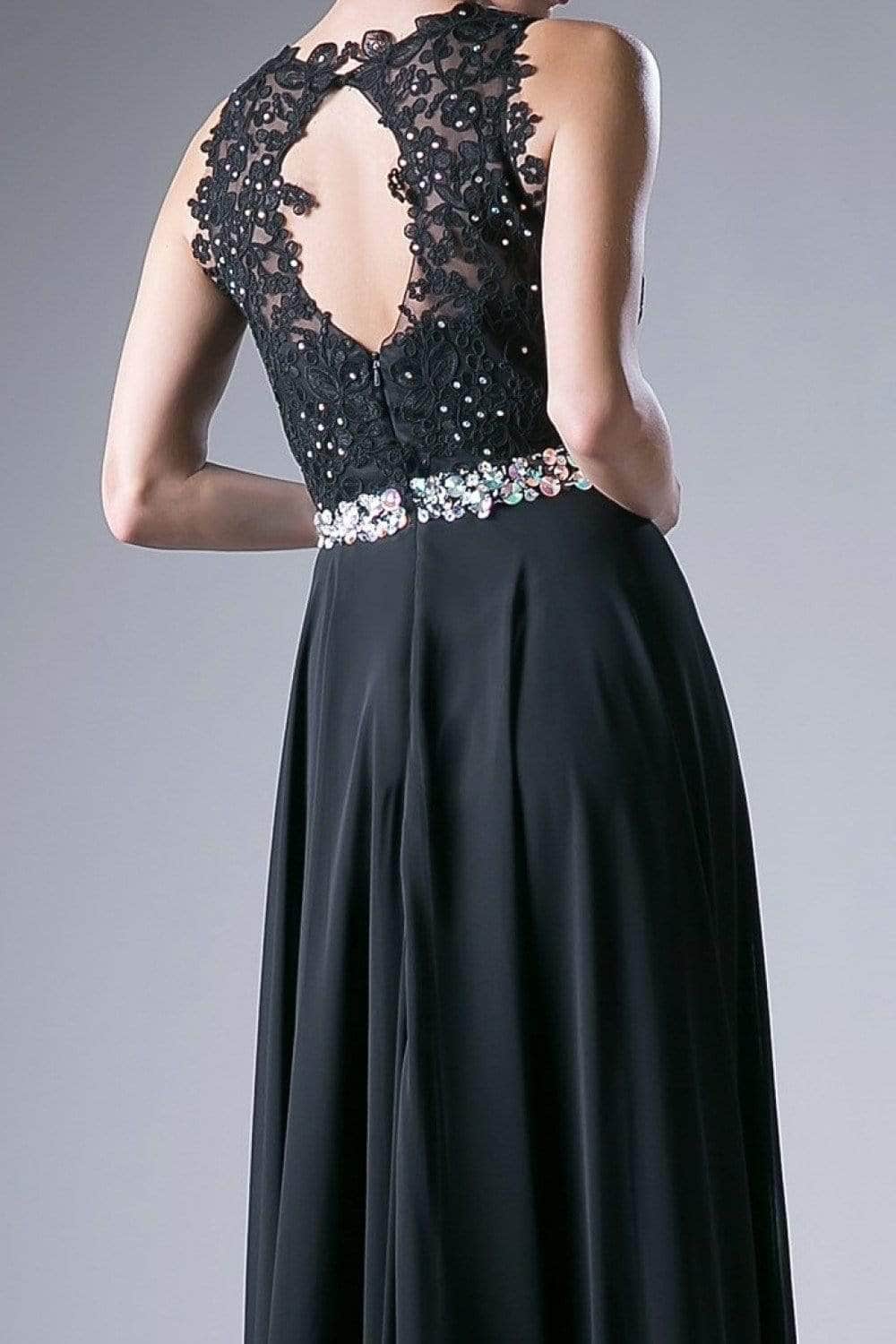 Ladivine B1601 - Belted Lace A-Line Chiffon Evening Dress - Prom