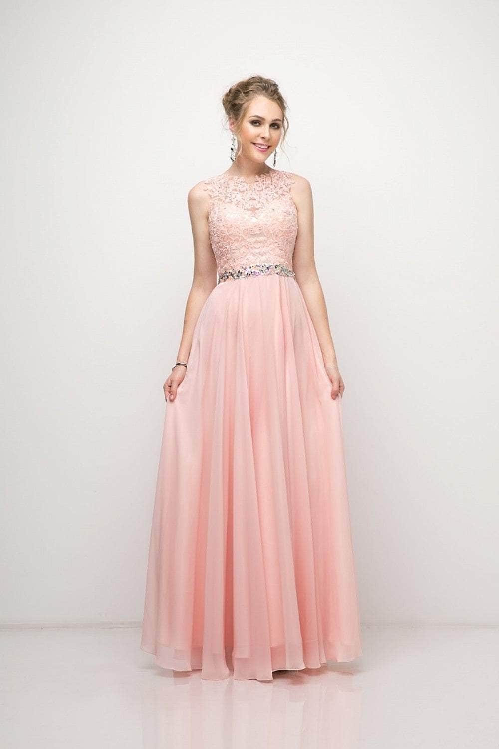 Ladivine B1601 - Belted Lace A-Line Chiffon Evening Dress - Prom