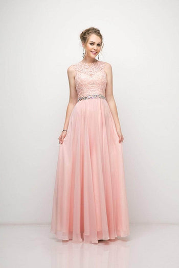 Ladivine B1601 - Belted Lace A-Line Chiffon Evening Dress - Prom