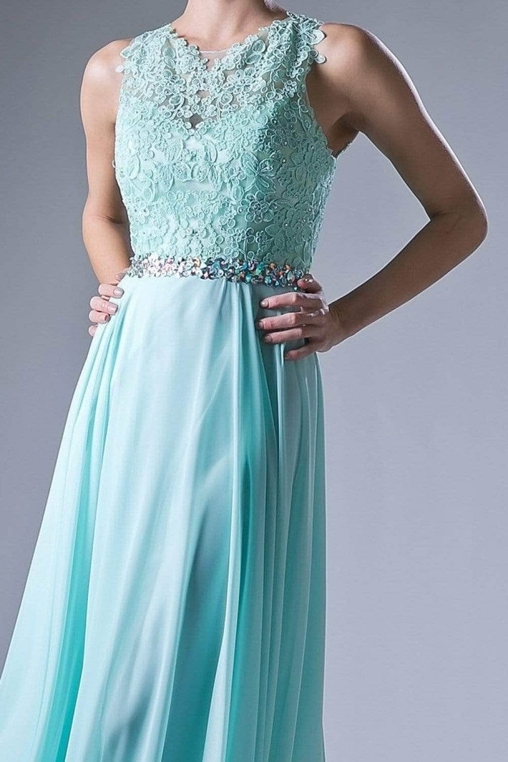 Ladivine B1601 - Belted Lace A-Line Chiffon Evening Dress - Prom