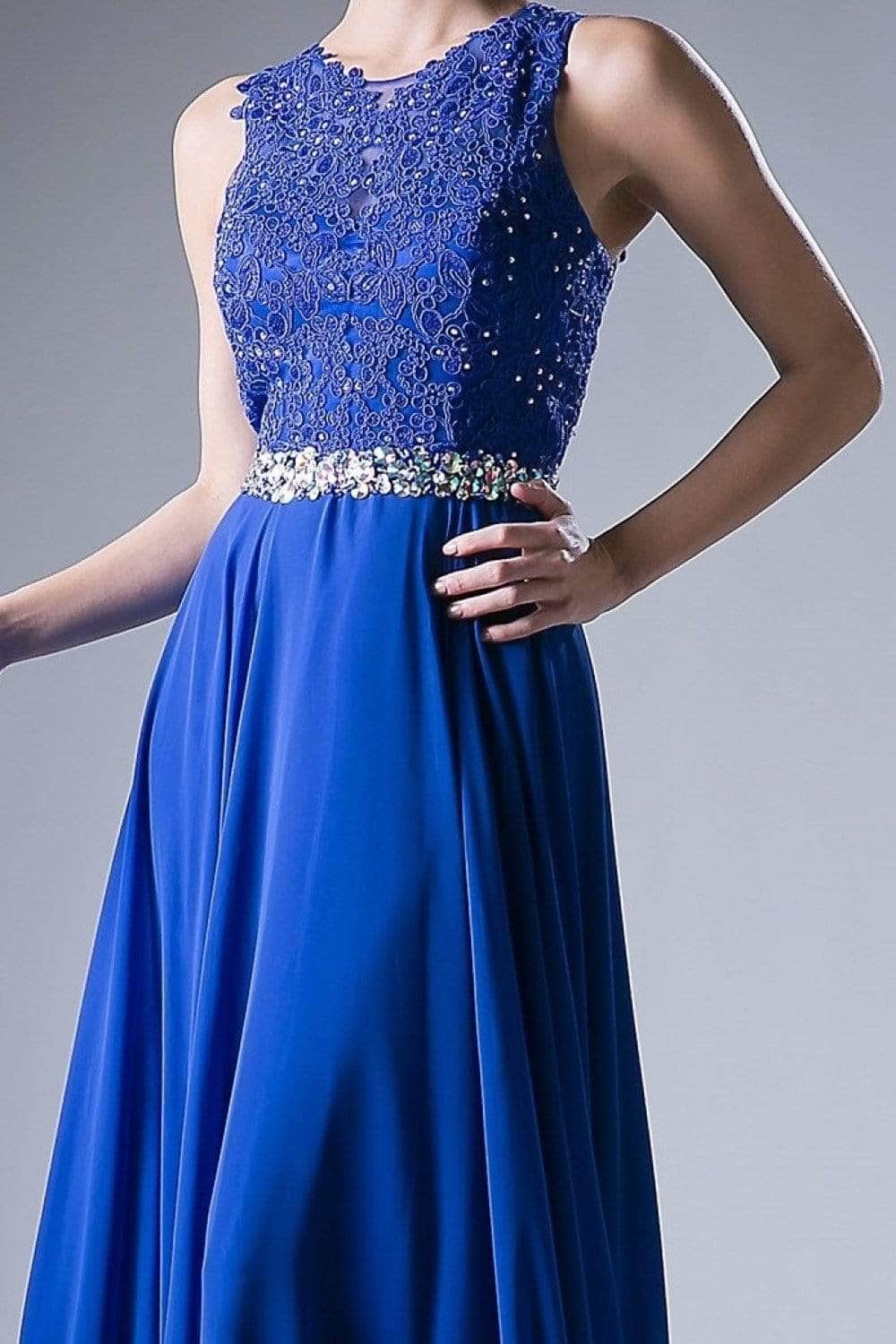 Ladivine B1601 - Belted Lace A-Line Chiffon Evening Dress - Prom