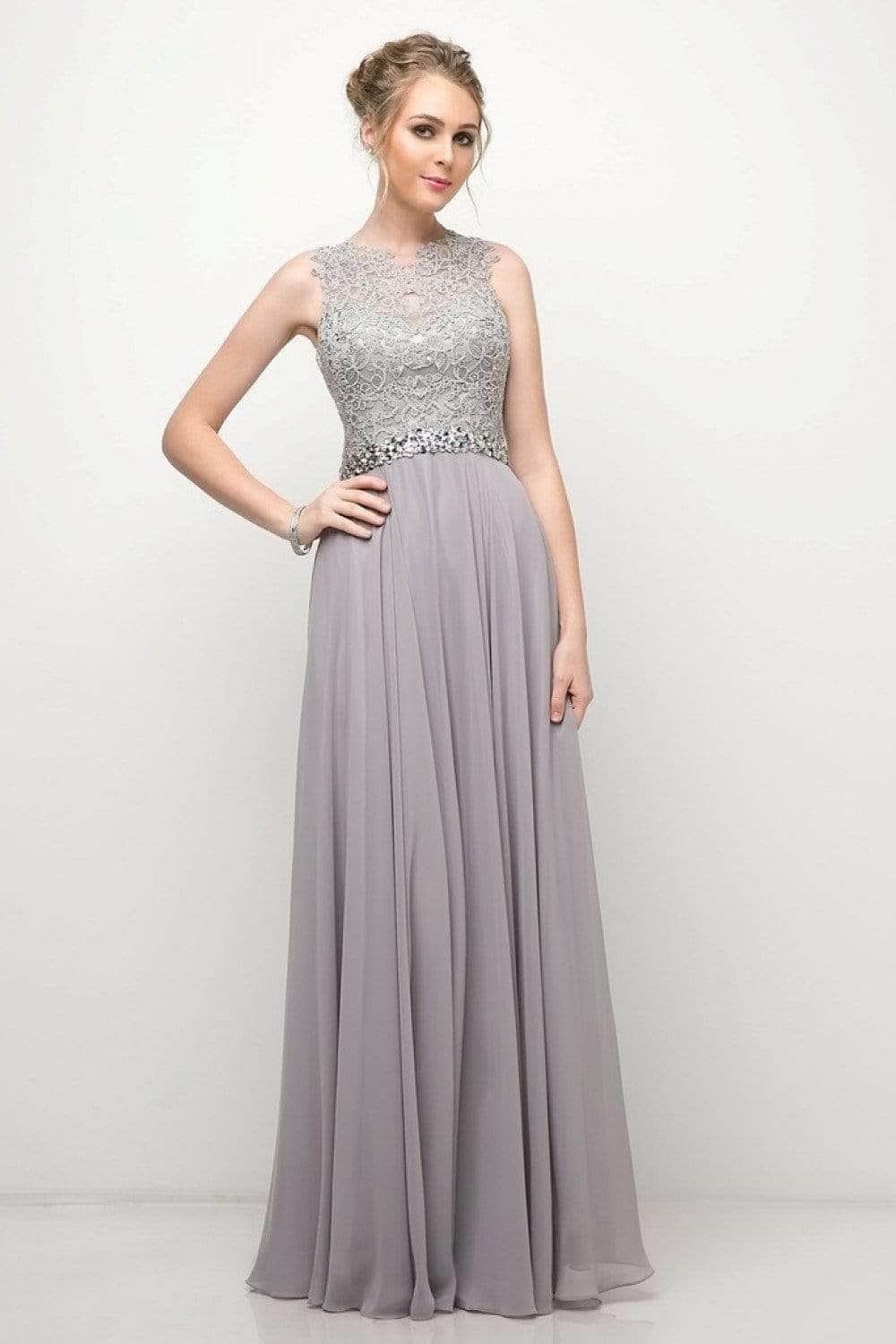 Ladivine B1601 - Belted Lace A-Line Chiffon Evening Dress - Prom
