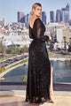 Ladivine B8422 V-Neckline Wrap Long Sleeve Sequin Evening Gown - Dress