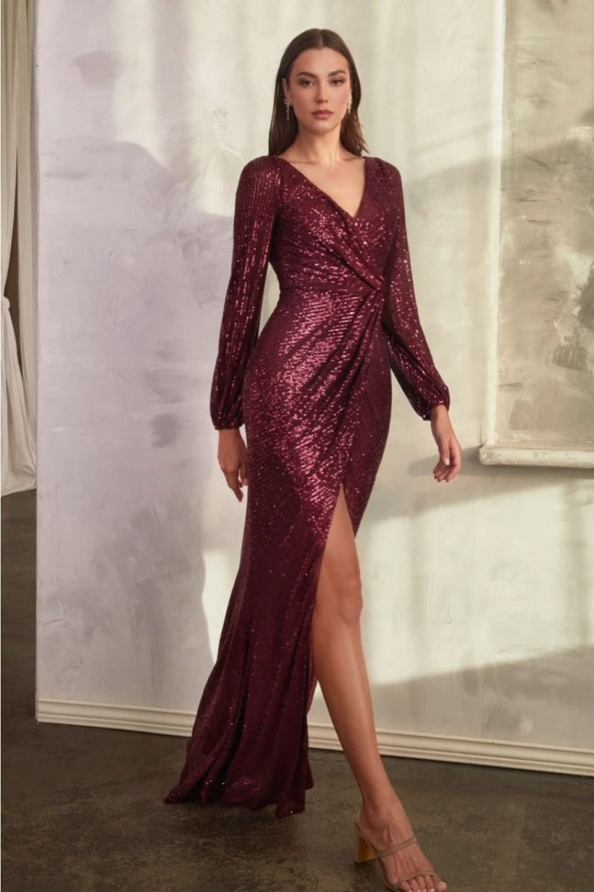 Ladivine B8422 V-Neckline Wrap Long Sleeve Sequin Evening Gown - BURGUNDY / S Dress