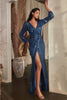 Ladivine B8422 V-Neckline Wrap Long Sleeve Sequin Evening Gown - LAPIS BLUE / S Dress