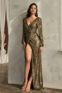 Ladivine B8422 V-Neckline Wrap Long Sleeve Sequin Evening Gown - OLIVE / S Dress