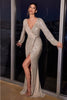Ladivine B8422 V-Neckline Wrap Long Sleeve Sequin Evening Gown - PLATINUM / S Dress