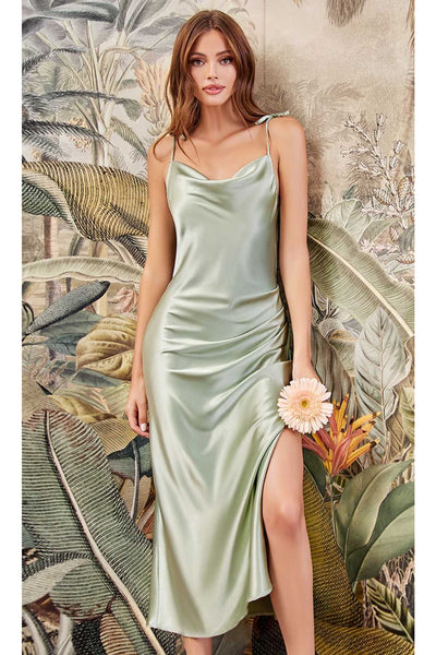 Ladivine BD103 - Satin Cowl Neck Tea-Length Dress - Prom