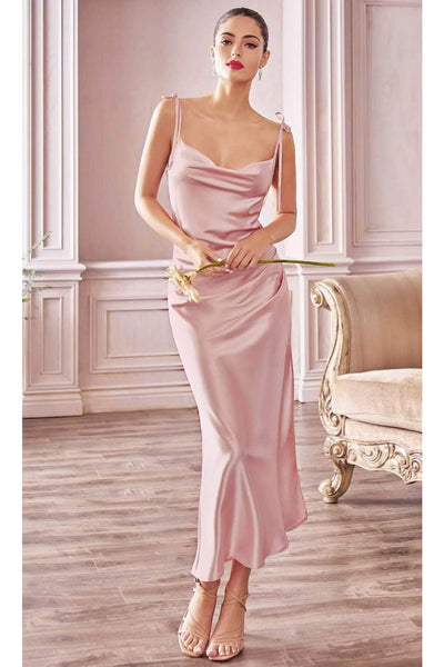 Ladivine BD103 - Satin Cowl Neck Tea-Length Dress - Prom