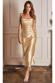 Ladivine BD103 - Satin Cowl Neck Tea-Length Dress - Prom