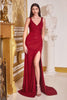 Ladivine BD4003 Glitter Fitted V- Neck Sexy Prom Evening Gown - BURGUNDY / S - Dress