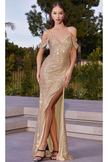 Ladivine BD4004 - Cold Shoulder Sequin Long Prom Dress - Prom