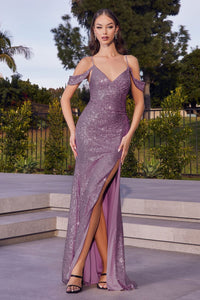Ladivine BD4004 Sequin Cold Shoulder Slit Prom Formal V-neck Dress - LAVENDER / XS - Dress