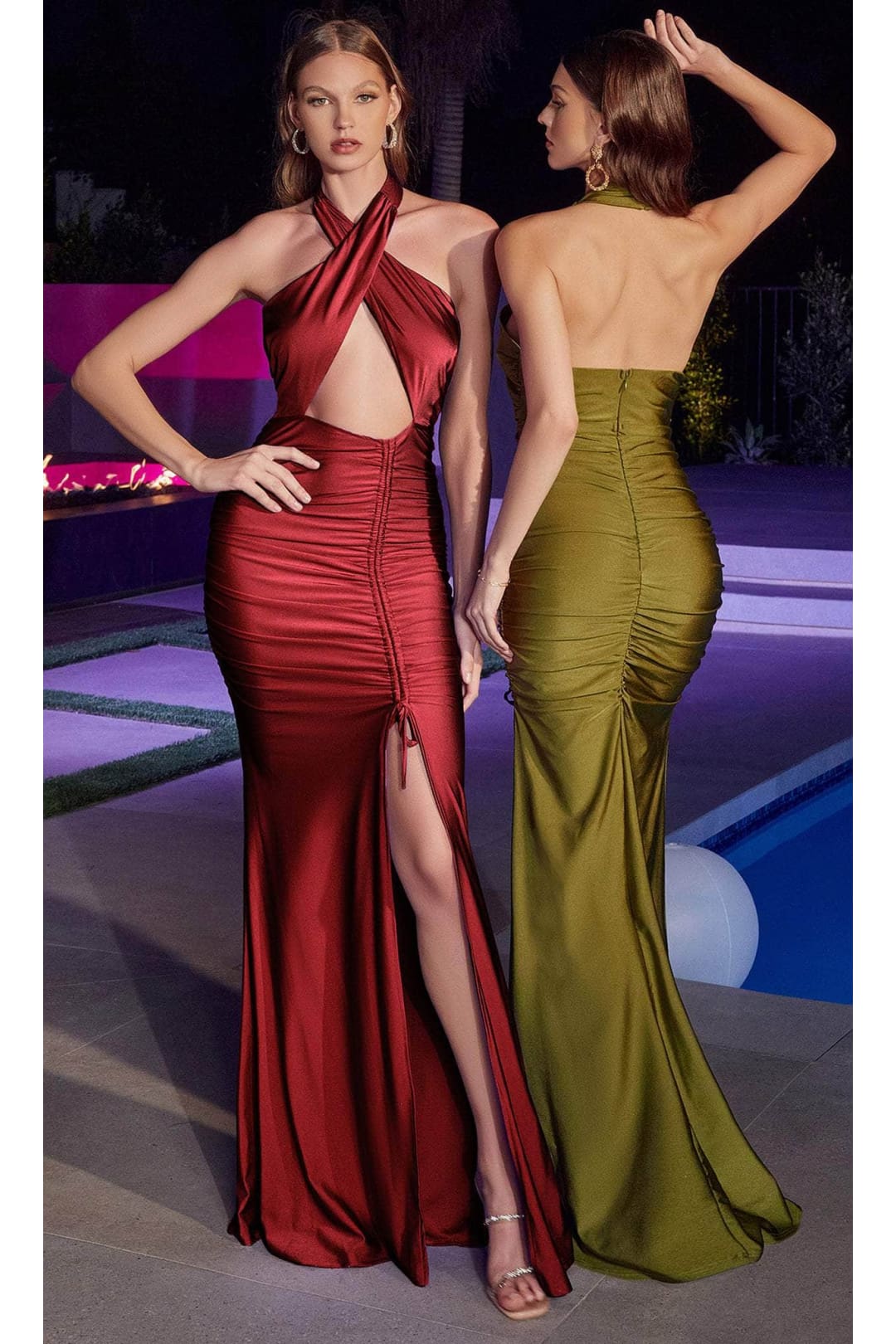 Ladivine BD7026 - Halter Ruched Drawstring Gown - Prom