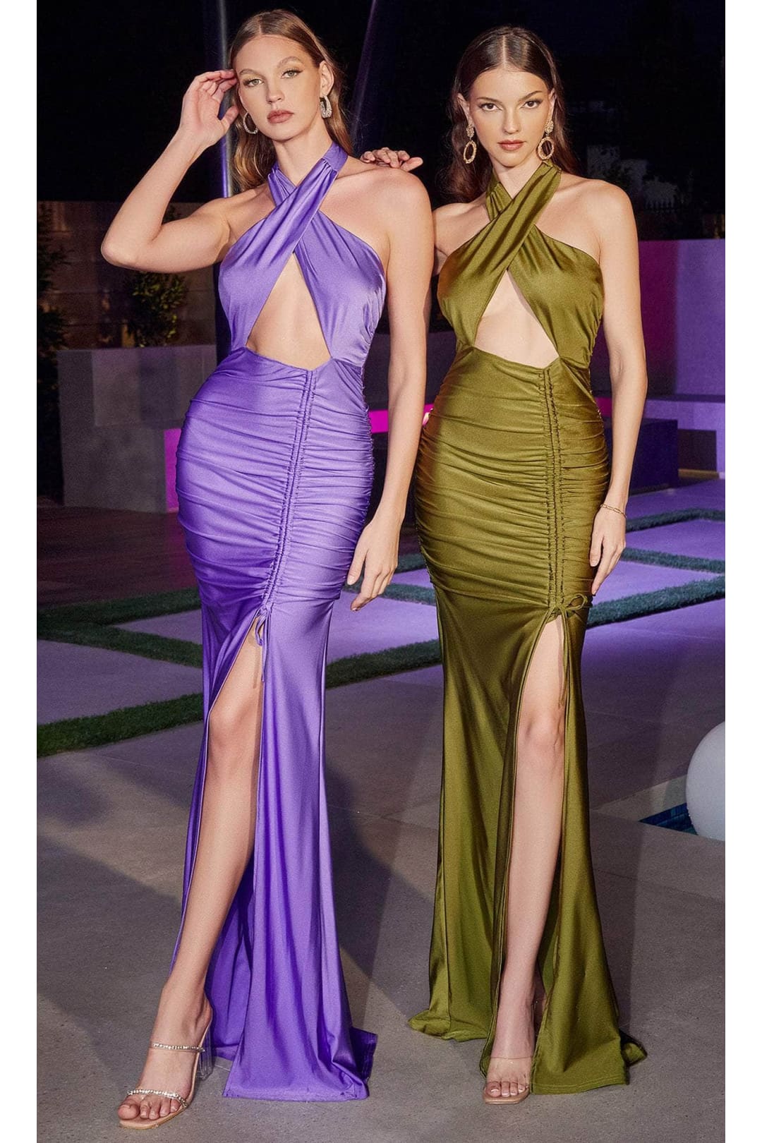 Ladivine BD7026 - Halter Ruched Drawstring Gown - Prom