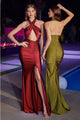 Ladivine BD7026 Stunning Halter Cut Out Open Back Ruched Evening Gown - DEEP RED / XS - Dress