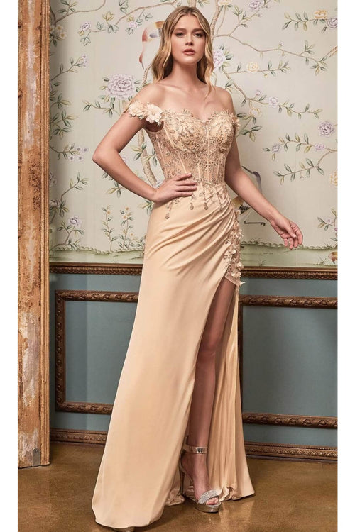 Ladivine by Cinderella Divine Dresses - Ladivine CD0186 - Romantic Floral Off-Shoulder Gown - Prom