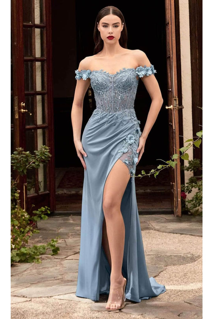 Ladivine by Cinderella Divine Dresses - Ladivine CD0186 - Romantic Floral Off-Shoulder Gown - Smoky Blue / XS - Prom