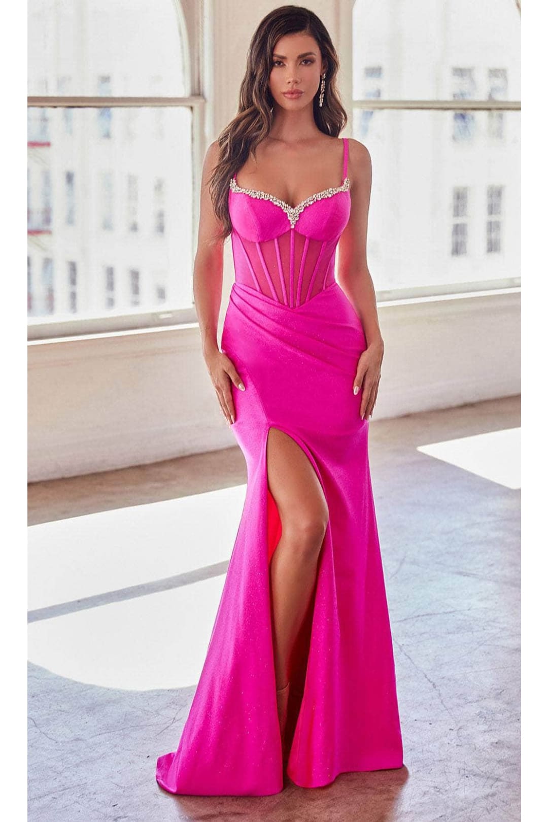 Ladivine by cinderella divine Dresses - Ladivine CD307 Illusion Corset Sleeveless Gown - Hot Pink / 4 - Prom