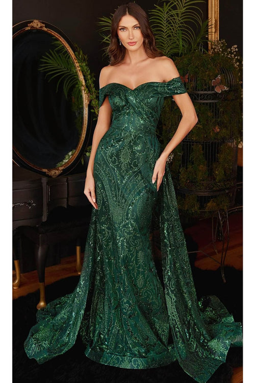 Ladivine by cinderella divine Dresses - Ladivine J836 Glitter Overskirt Cocktail Gown - Emerald / 8 - Prom