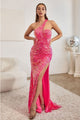 Ladivine C140 One Shoulder Fitted Bodice Side Slit Red Carpet Dress - HOT PINK / 2 - Dress