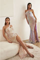 Ladivine C140 One Shoulder Fitted Bodice Side Slit Red Carpet Dress - OPAL BLUSH / 2 - Dress