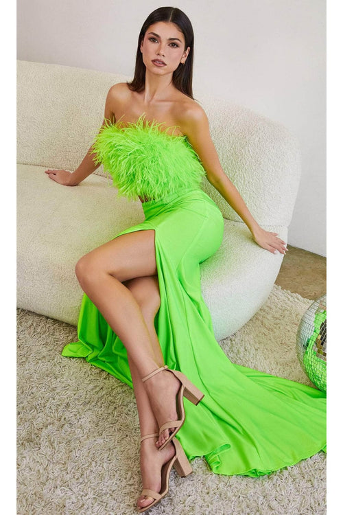 Ladivine C141 - Feather Embellished Two-Piece Gown - Prom