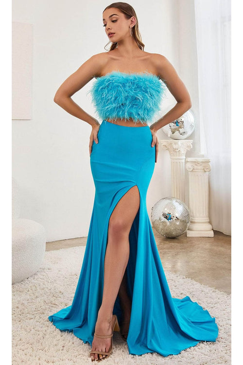 Ladivine C141 - Feather Embellished Two-Piece Gown - Prom