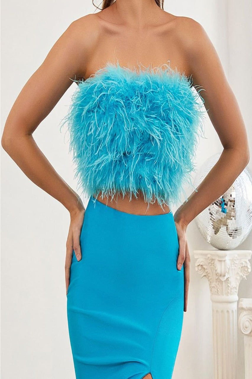 Ladivine C141 Strapless Feather Two-Piece Side Slit Prom Party Dress - Dress