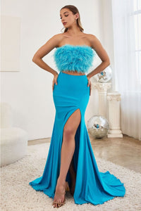 Ladivine C141 Strapless Feather Two-Piece Side Slit Prom Party Dress - OCEAN BLUE / 2 - Dress
