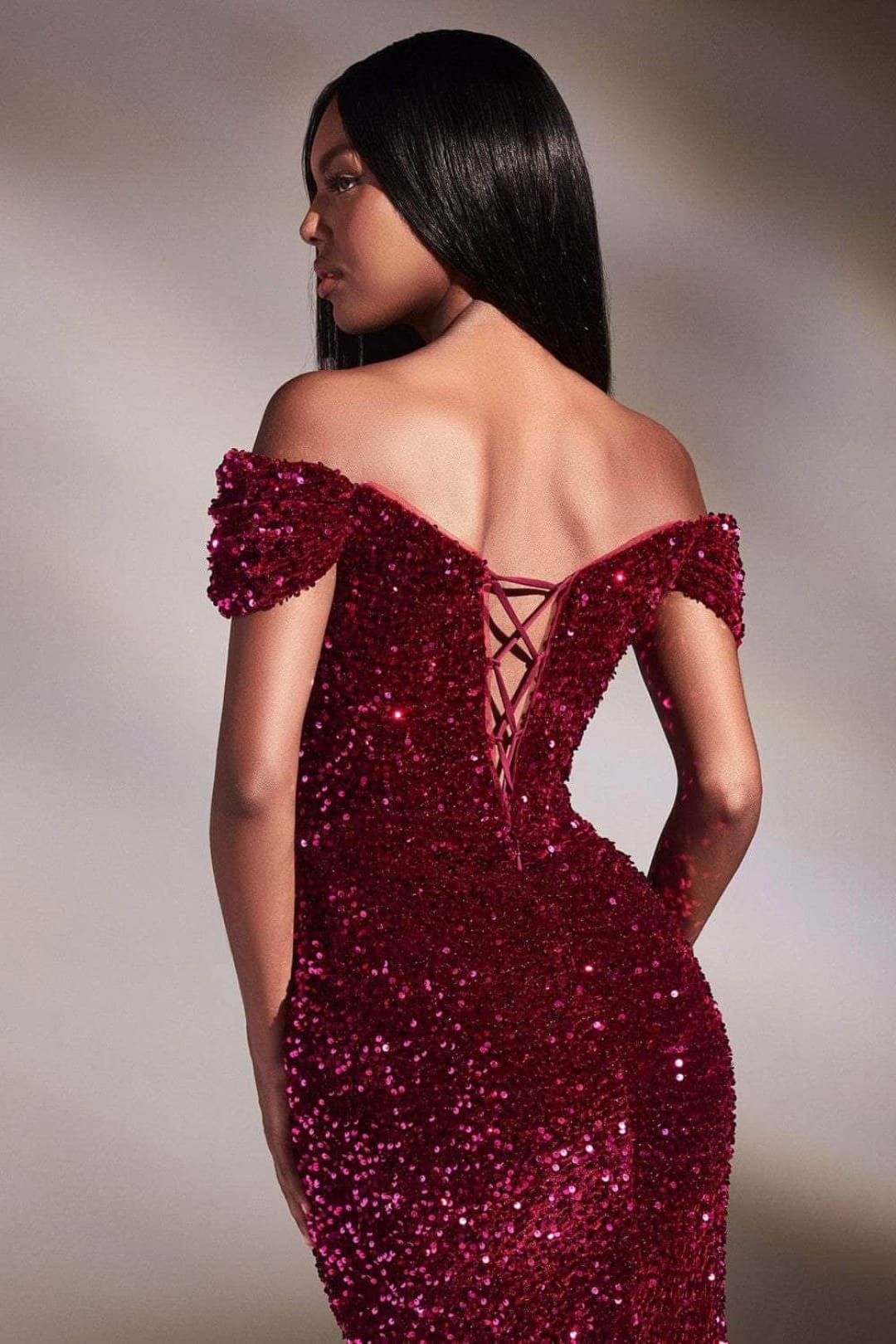 Ladivine CA109 - Off-Shoulder Knot Sequined Gown - Prom
