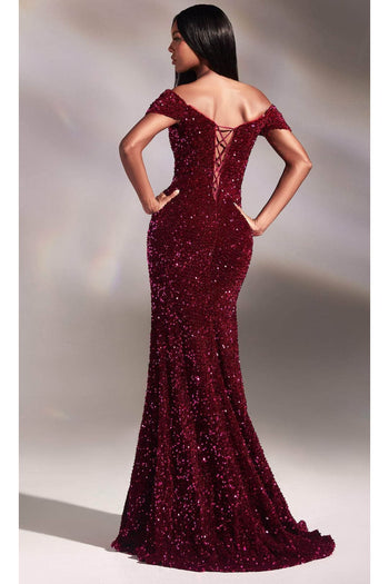 Ladivine CA109 - Off-Shoulder Knot Sequined Gown - Prom