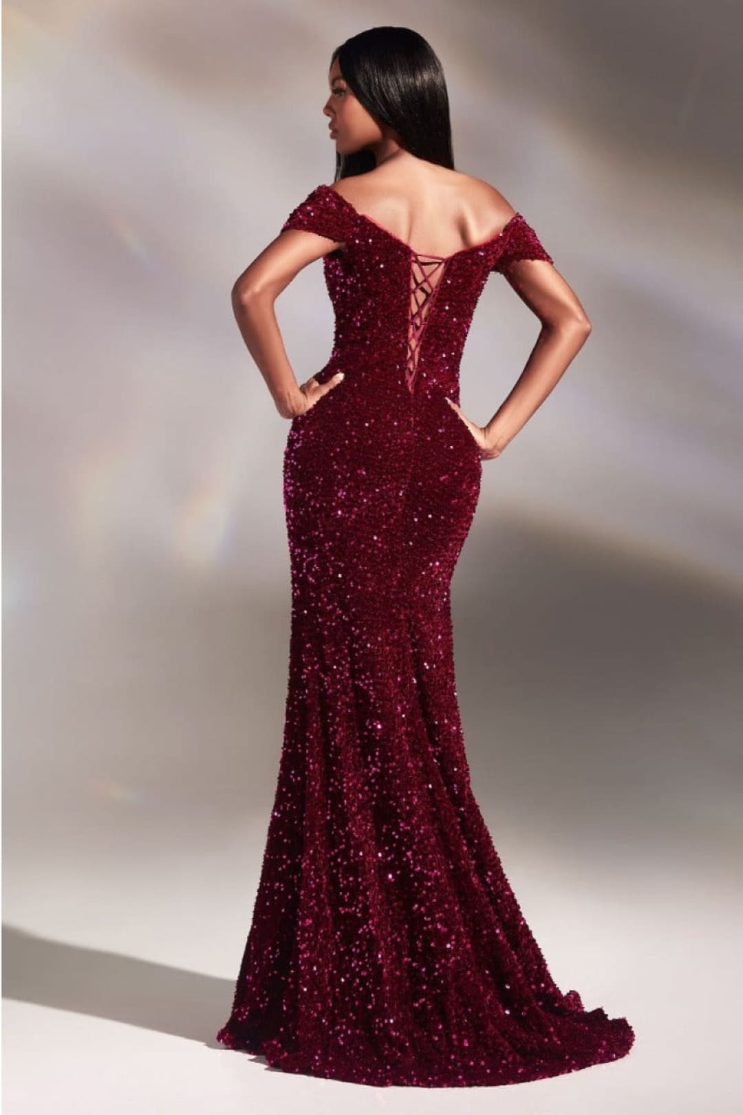 Ladivine CA109 Slim Fit Sequined Off-Shoulder Knot Prom Dress