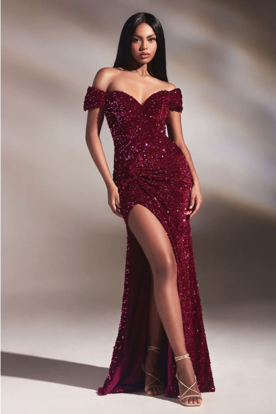 Ladivine CA109 Slim Fit Sequined Off-Shoulder Knot Prom Dress - MAGENTA / 4