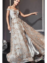 Ladivine CB069 – Off-Shoulder Adorned Print Gown