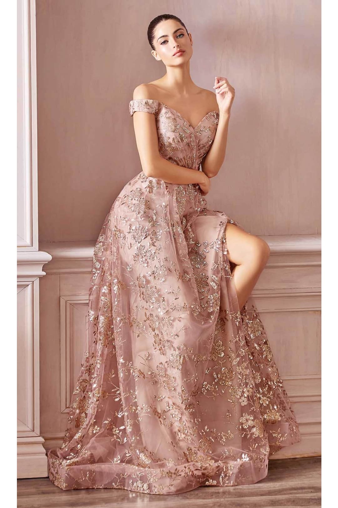 Ladivine CB069 – Off-Shoulder Adorned Print Gown - Prom