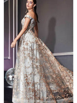 Ladivine CB069 – Off-Shoulder Adorned Print Gown