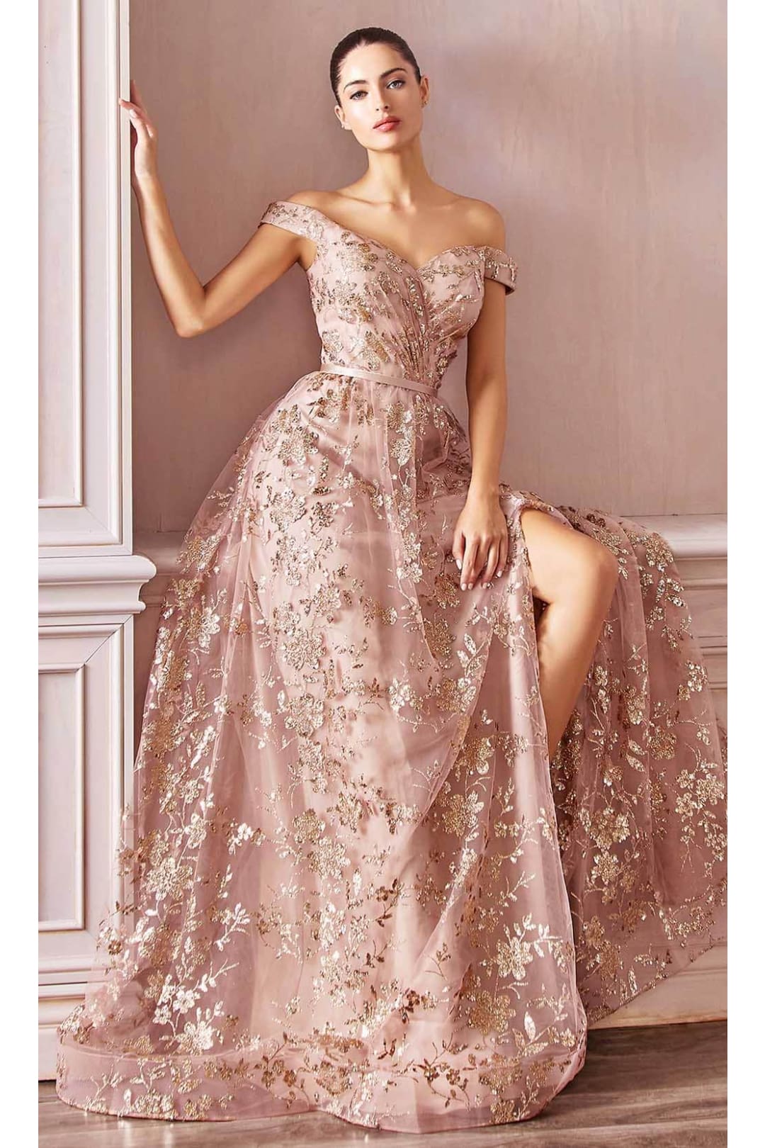 Ladivine CB069 – Off-Shoulder Adorned Print Gown - Prom