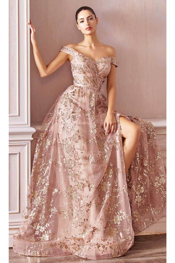 Ladivine CB069 – Off-Shoulder Adorned Print Gown - Prom