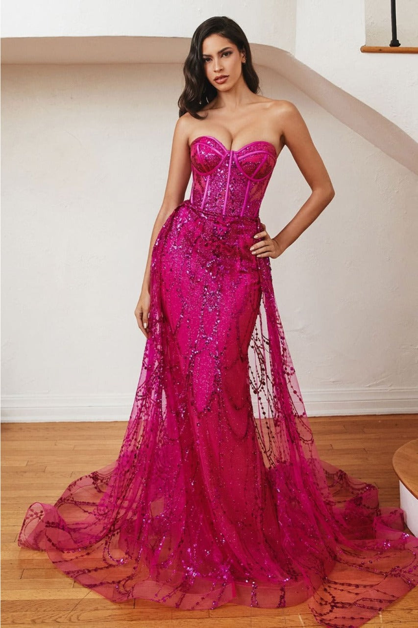 Ladivine CB095 Sweetheart Glitter Corset Fit Overskirt Evening Gown - FUCHSIA / 2 Dress