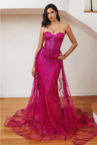 Ladivine CB095 Sweetheart Glitter Corset Fit Overskirt Evening Gown - FUCHSIA / 2 Dress