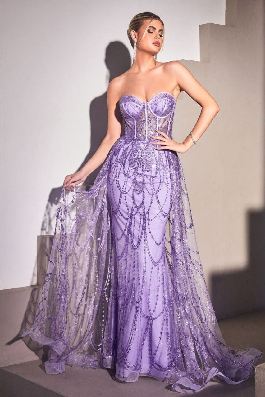 Ladivine CB095 Sweetheart Glitter Corset Fit Overskirt Evening Gown - LAVENDER / 2 Dress
